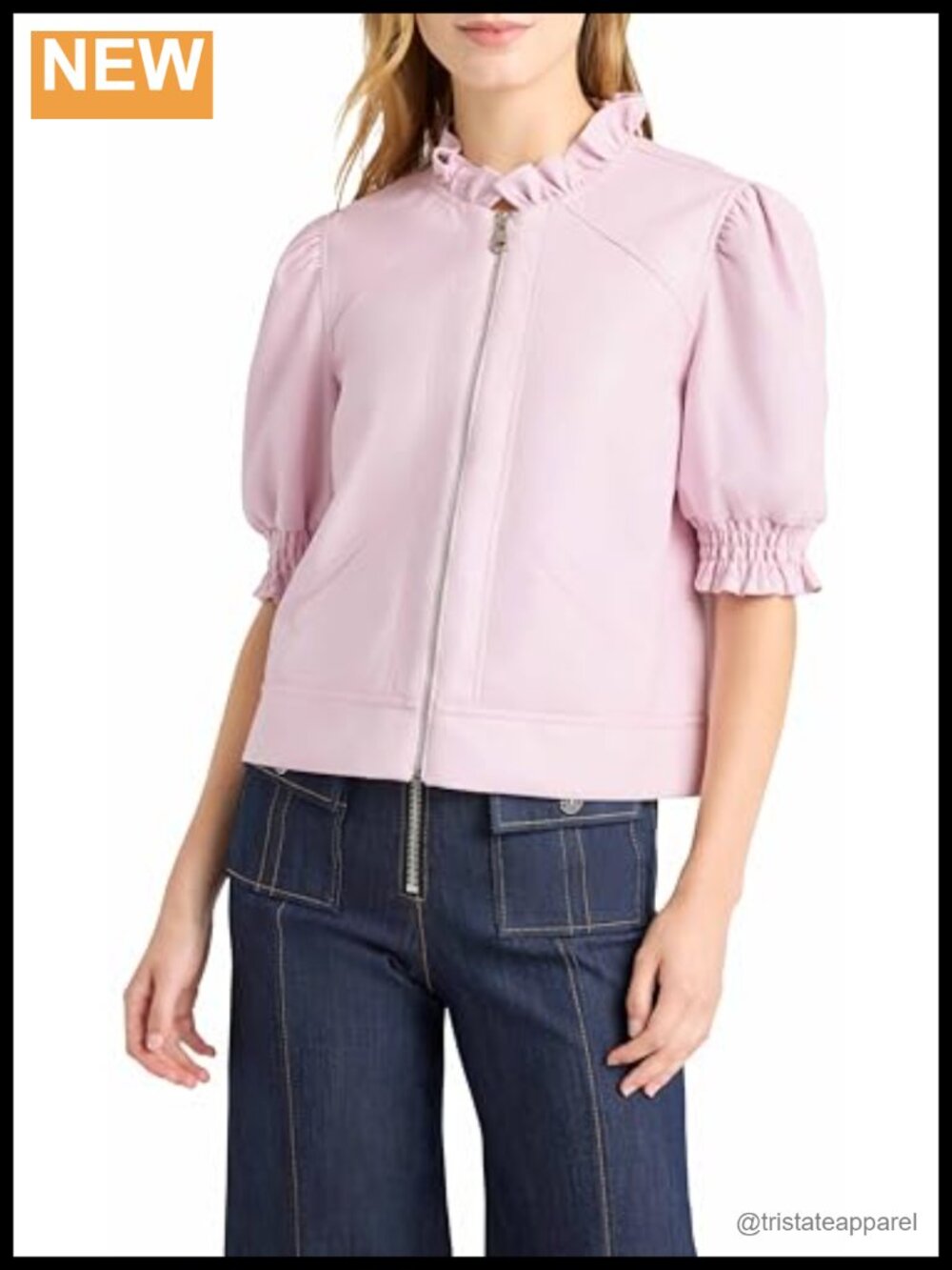 Vegan Leather Anabella Jacket Short Sleeve Zip Front Ruffled Trim